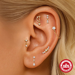 高级感S925纯银几何流苏镶钻平头螺纹穿刺耳骨钉欧美热销个性 百搭