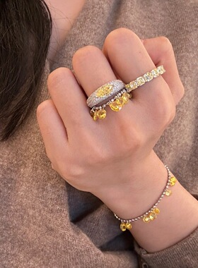 S925纯银招财黄钻戒指合集高碳钻轻奢排钻满圈戒指女发财珠珠手链
