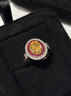 S925纯银圣彼得堡鸽子蛋黄钻蛋形鹅黄钻石戒指璀璨高碳钻冰花