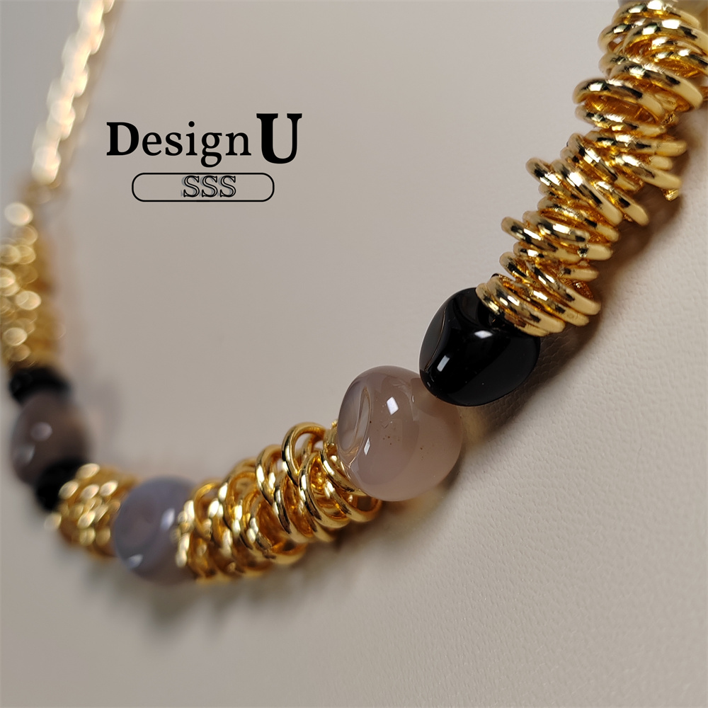 潮新品轻奢长款灰玛瑙天然石盘缠项链高级感配饰叠戴设计感百搭款