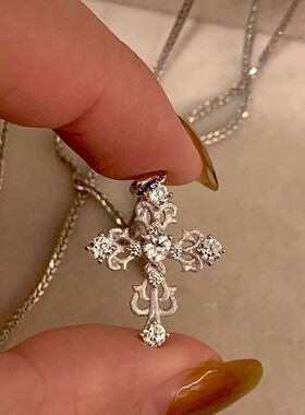 S925纯银拉丝工艺十字架项链女微镶轻奢锁骨链小众个性百搭气质款