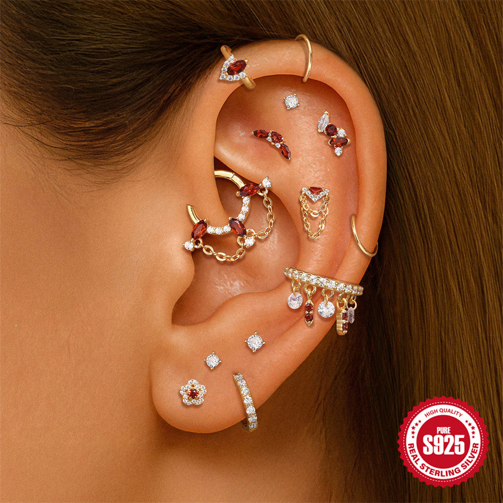 S925纯银红石榴石几何镶钻耳骨钉