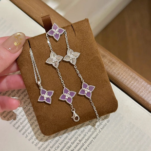 清冷感S925纯银镭射四叶草五花手链女气质四叶草造型复古感项链