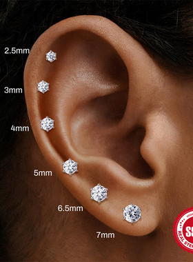 S925纯银莫桑石六爪镶钻平头螺纹穿刺耳骨钉欧美轻奢百搭earrings