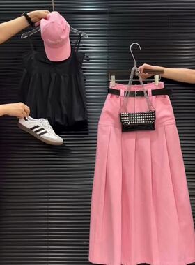 夏秋新款盐系小个子学院风减龄设计感吊带上衣+半身两件套装