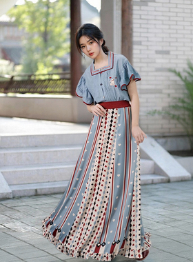 兔子梦境国风改良汉服女夏季新款方领短袖比甲汉元素破裙复古套装