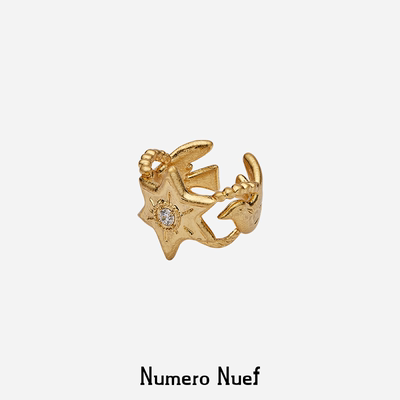 Nuef “Cornucopia”希腊复古手工制星月鸽锆石镶嵌宽版开口戒指