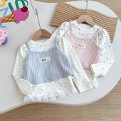女童秋装 碎花蕾丝花边T恤吊带两件套儿童百搭休闲洋气上衣女宝潮t