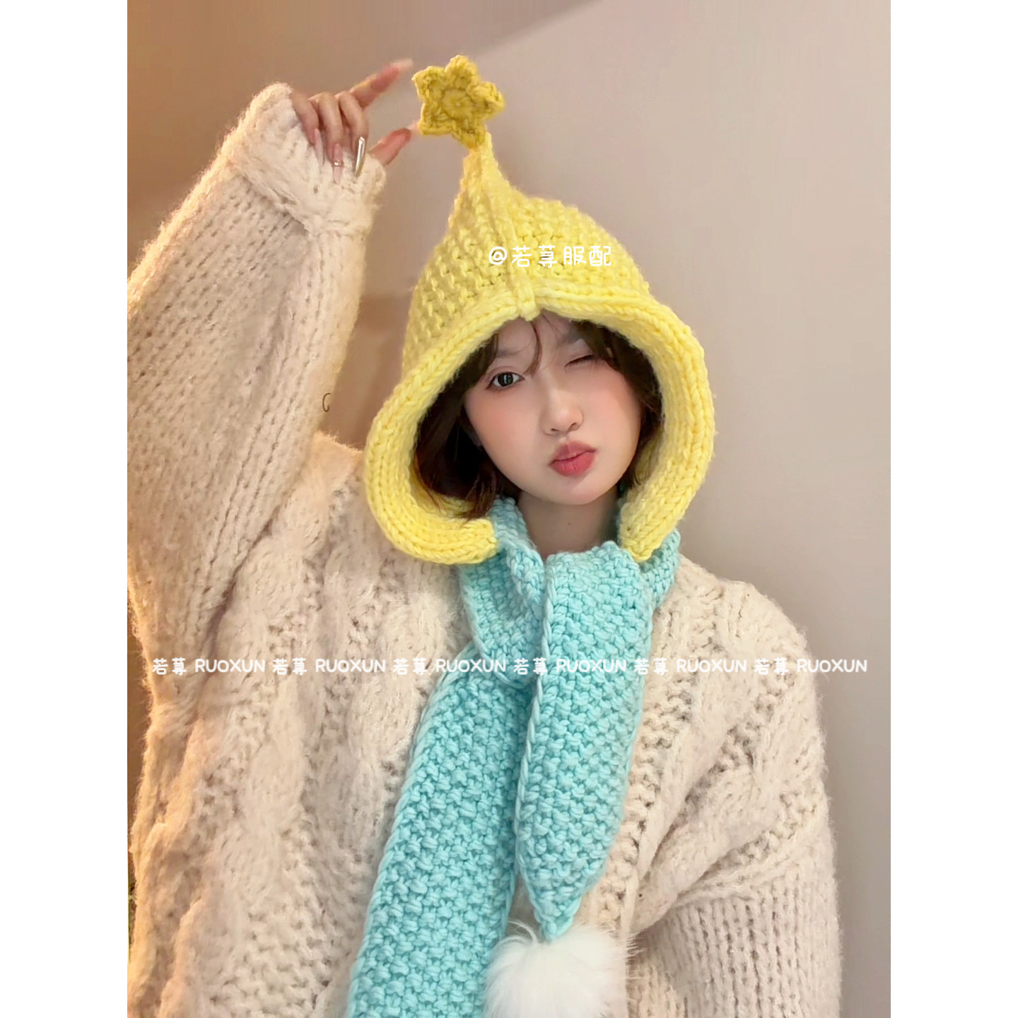 RuoXun限量纯手工星星人粗针织帽围巾一体式冬季可爱卡哇伊帽子女