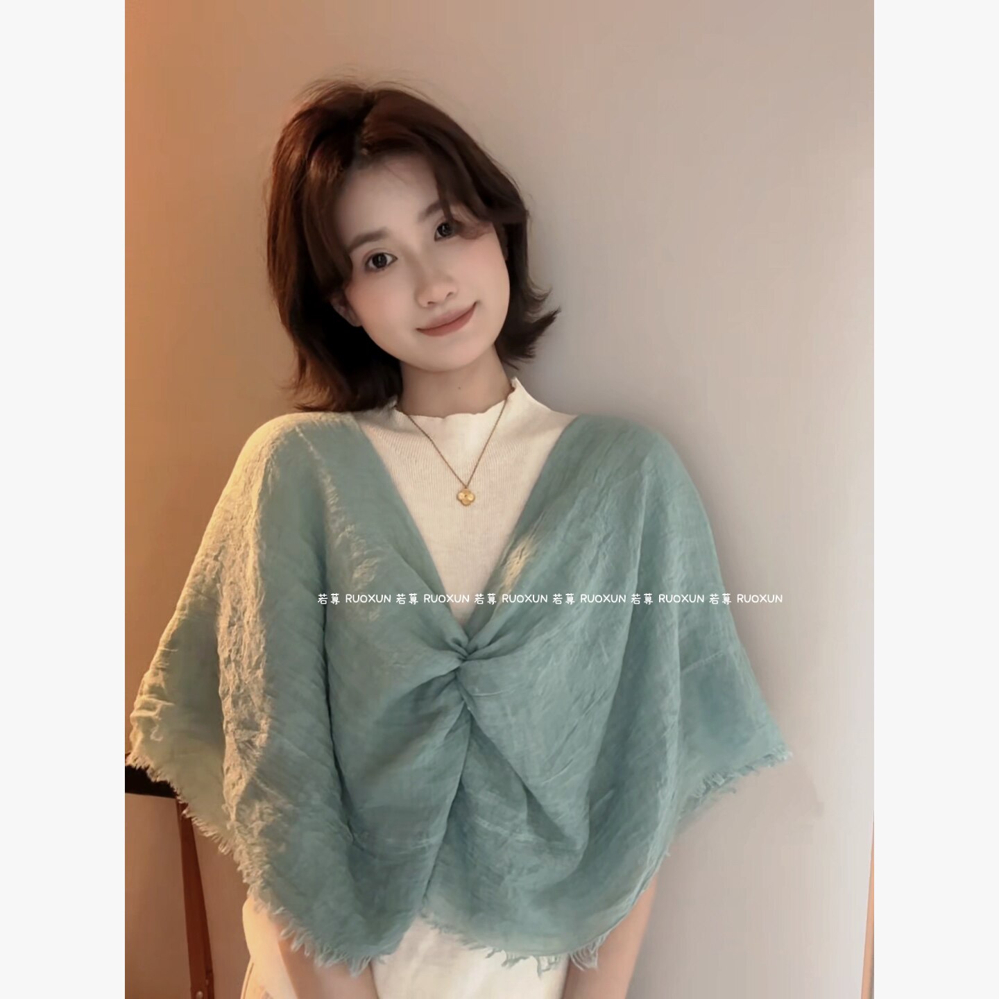 RUOXUN高级感定染纯色蕾丝花边拼接长款丝巾度假遮阳防晒披肩头巾