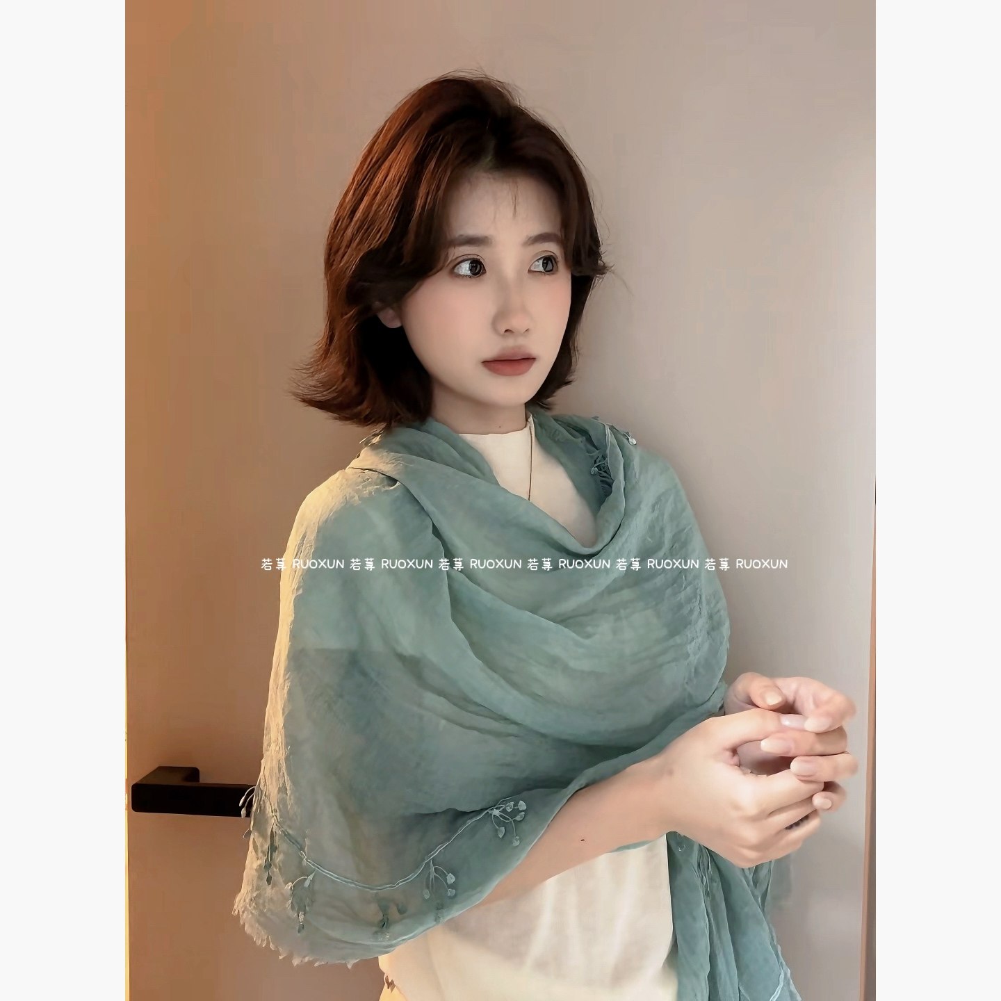 RUOXUN/ 原创小众定染纯色棉麻蕾丝拼接长款丝巾度假遮阳披肩头巾