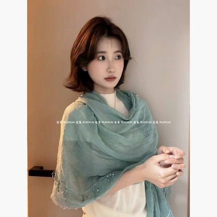RUOXUN/ 原创小众定染纯色棉麻蕾丝拼接长款丝巾度假遮阳披肩头巾