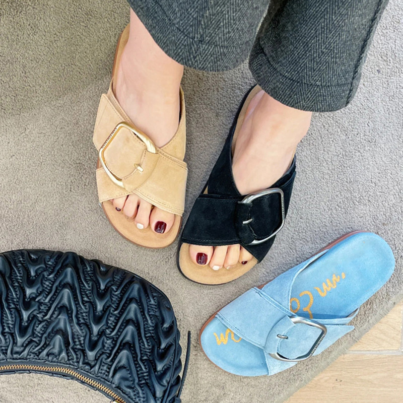 真皮复古2025夏新款交叉带方扣平底休闲懒人凉拖鞋女一脚蹬博肯鞋,女鞋,一字拖,淘宝优惠券,粉丝福利购,淘宝优惠卷