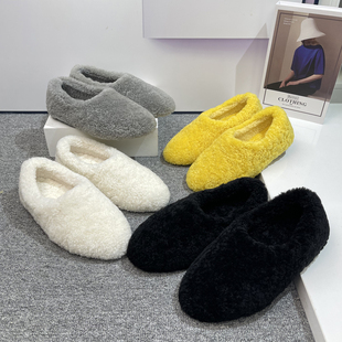 真皮羊羔毛保暖毛毛单鞋女2025冬季新款平底一脚蹬时尚简约毛毛鞋