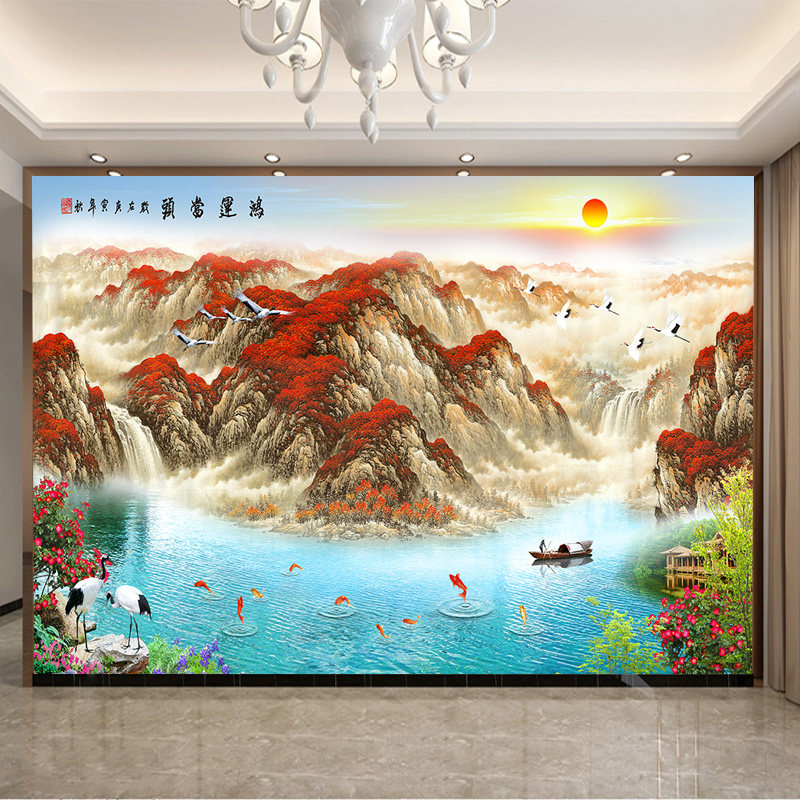 山水画鸿运当头贴画风水客厅装饰年画沙发背景自粘墙纸办公室墙贴