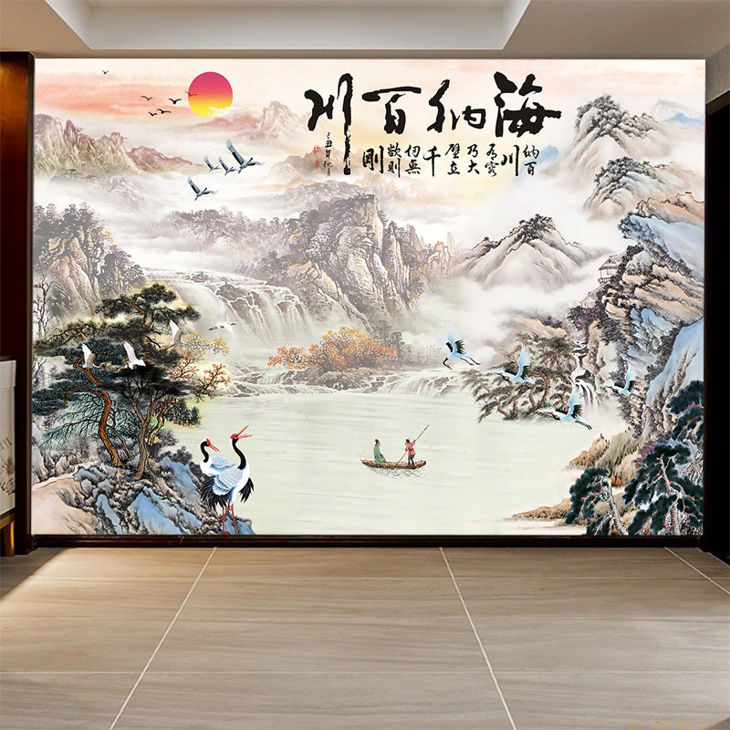 海纳百川山水装饰画壁纸墙壁贴画客厅沙发背景墙自粘墙贴壁画贴纸