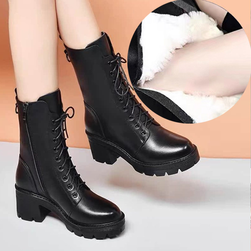 羊毛内里真皮女靴2025年新款冬季中筒靴粗跟靴子保暖加绒高跟短靴,女鞋,马丁靴,淘宝优惠券,粉丝福利购,淘宝优惠卷