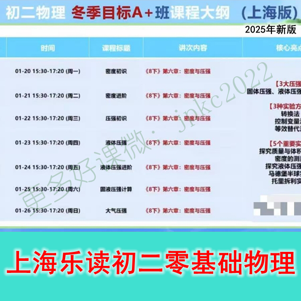 上海初中物理A+零基础初二三八九年级视频录播2024-2025新课改