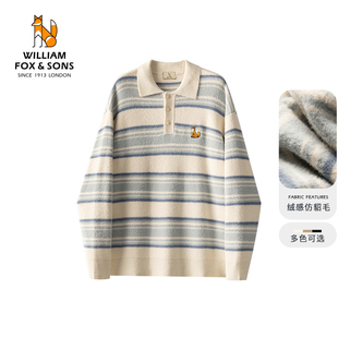 威廉福克斯秋冬季 保暖慵懒毛衣男女 绒感polo领情侣宽松条纹针织衫