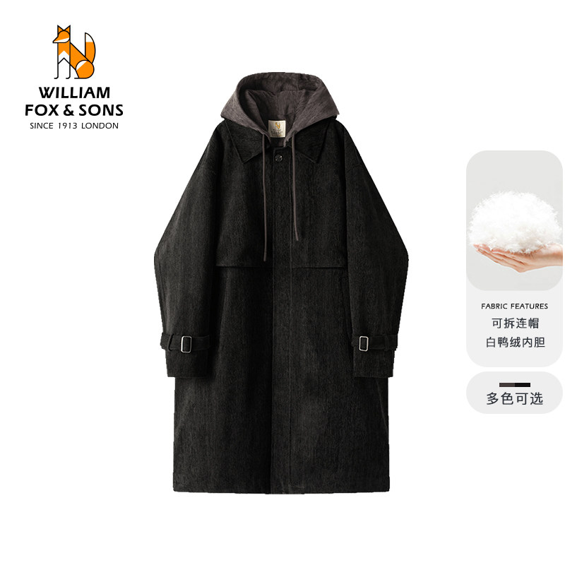 英国小狐狸男装冬季复古可拆卸连帽保暖加厚长款羽绒服大衣外套男