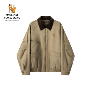 威廉福克斯春秋新款 复古拼接领外套夹克男 高密水洗巴恩风英伦工装
