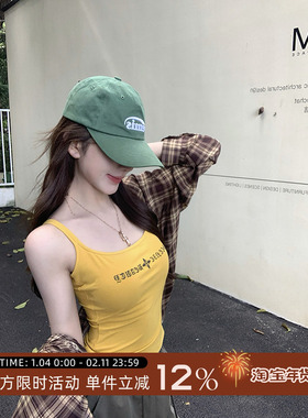 愉悦愉悦外穿印花黄色吊带背心女夏季性感收腰热辣短款带胸垫上衣