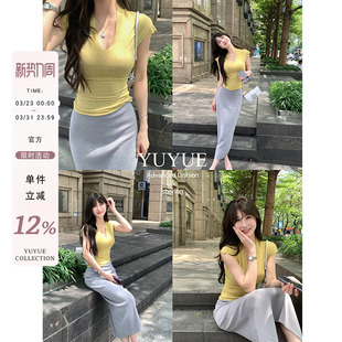 简约气质黄色上衣 韩系修身 愉悦喻悦V领紧身收腰纯欲短袖 T恤女夏季