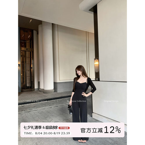 黑色V领无袖吊带连体裤女