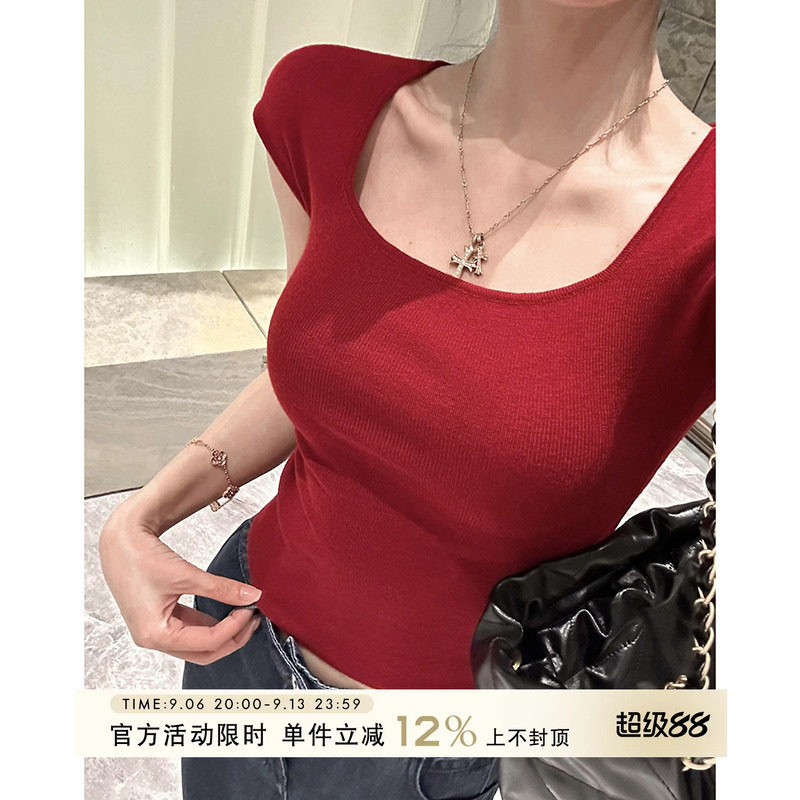 愉悦喻悦方领短袖针织T恤图片