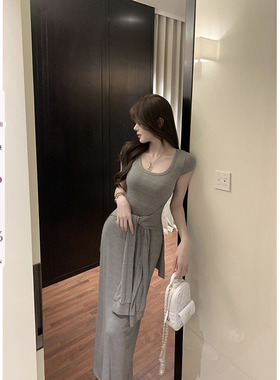 愉悦喻悦灰色短袖绑带气质连衣裙女夏季韩系高级修身收腰长款裙子