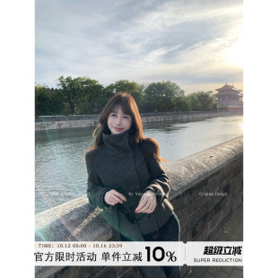 Yuyueer愉悦喻悦 75%羊毛黑色立领呢子大衣女秋冬双排扣修身外套