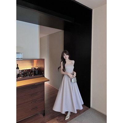 法式无袖方领A字背心连衣裙女