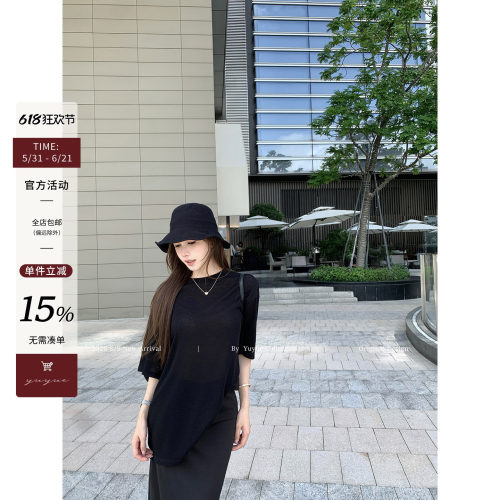 黑色凉感薄款半袖T恤女