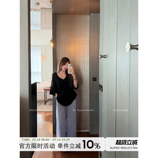Yuyueer黑色凉感薄款半袖T恤女夏季韩系气质休闲宽松中长款上衣