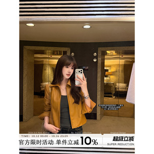 Yuyueer愉悦喻悦 pu皮翻领皮衣夹克女秋季复古正肩修身显瘦短外套