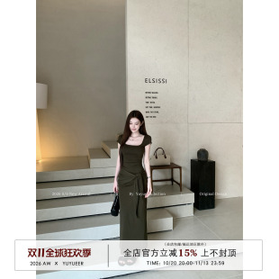Yuyueer 褐绿色绑带收腰方领短袖连衣裙女夏季韩版气质修身长裙