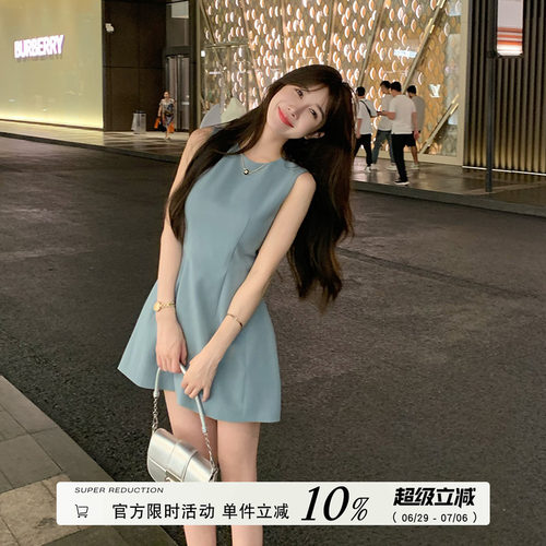 圆领收腰无袖背心连衣裙女