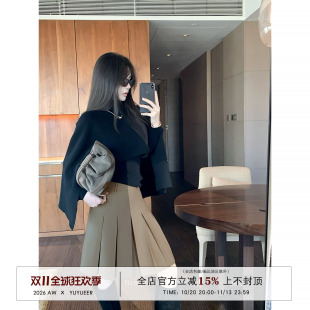 Yuyueer 黑色高领蝙蝠袖针织斗篷披肩女春季复古宽松针织衫外套