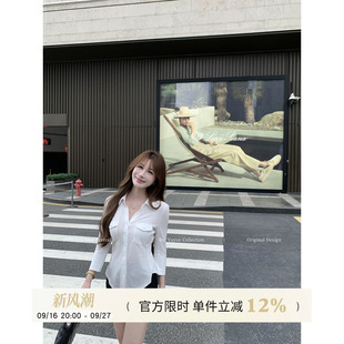 Yuyueer 白色翻领正肩修身长袖衬衫女夏季韩版气质休闲百搭上衣
