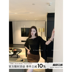 Yuyueer 黑色正肩设计感喇叭袖上衣女夏季韩版修身收腰显瘦T恤