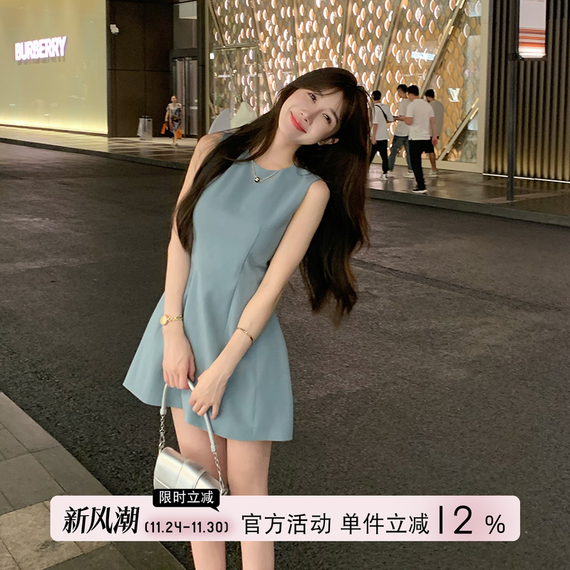 圆领收腰无袖背心连衣裙女