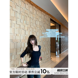 Yuyueer愉悦喻悦 U领镂空七分袖打底针织衫女秋季修身薄款上衣