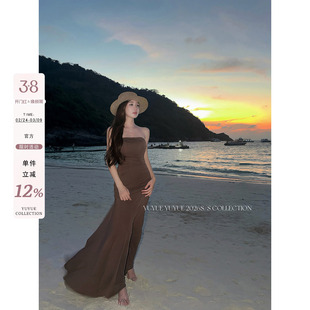 愉悦喻悦 莫代尔抹胸褶皱掐腰大摆连衣裙女春度假风气质修身长裙