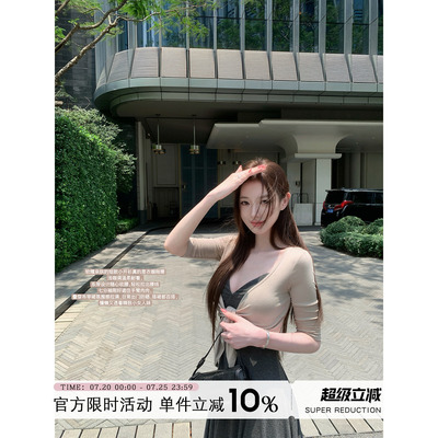 杏色薄款V领绑带上衣女夏季