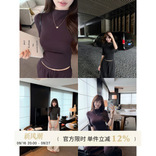 Yuyueer愉悦喻悦 半高领五分袖T恤女秋季气质通勤简约半袖上衣