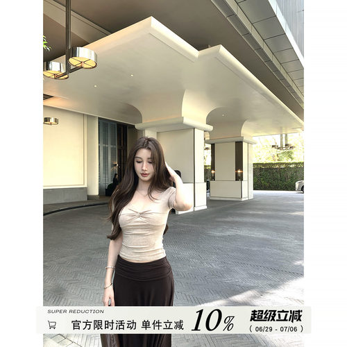 莱赛尔扭结V领半袖T恤女春夏