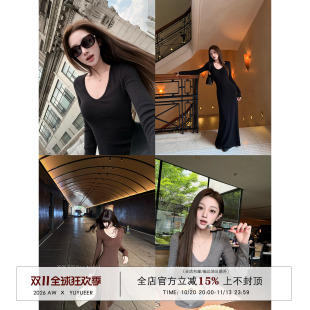 Yuyueer愉悦喻悦 V领收腰长袖连衣裙女秋季韩系包臀修身长款裙子