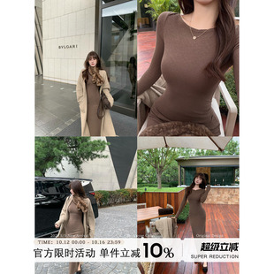 Yuyueer愉悦喻悦 圆领收腰包臀连衣裙女秋冬韩系简约修身显瘦长裙