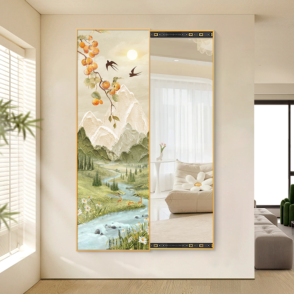 奶油风入户玄关装饰画日照金山隐形穿衣镜子油画风景化妆镜全身镜