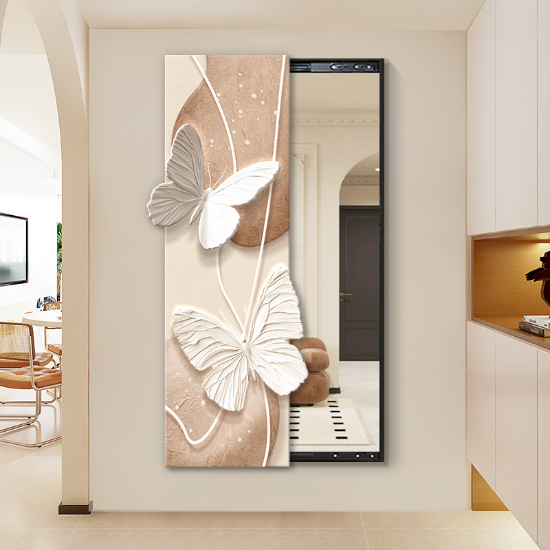 奶油风可关闭推拉隐藏式全身镜装饰画蝴蝶客厅玄关穿衣镜试衣镜子